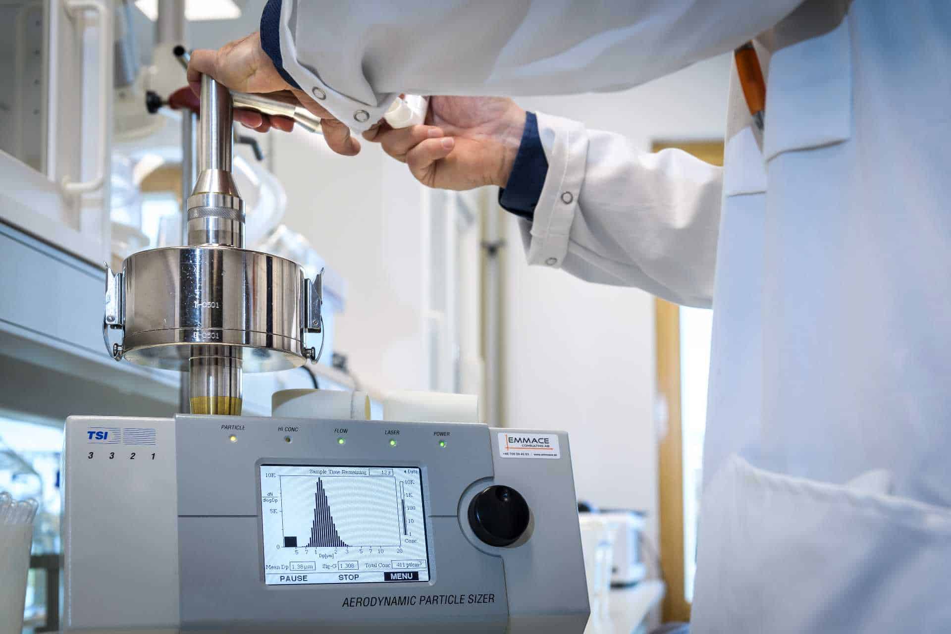 Particle counting and time of flight (APS) testing at Emmace Lab